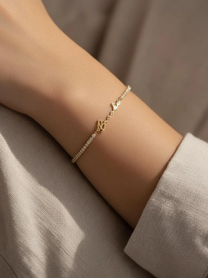 Zircone Personalised Name Bracelet, shown on the model