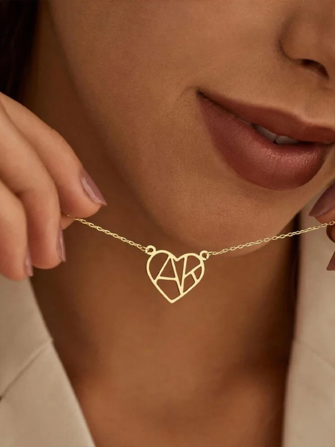 Heart and Initial Necklace, worn at the neckline