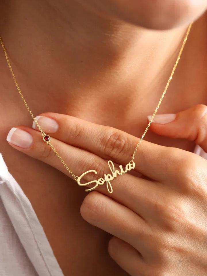 Personalised Name and Birthstone Necklace, worn at the neckline