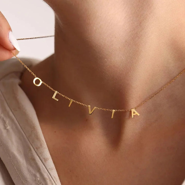 Sofia Personalised Name Necklace, close-up while worn
