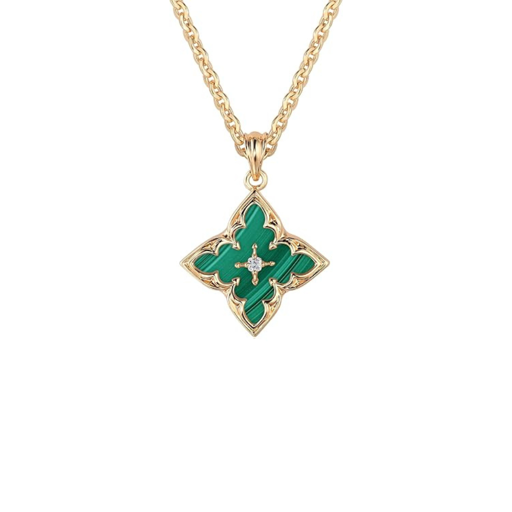 Clover Pendant Necklace with Emerald-Green Stone | Gold-Tone