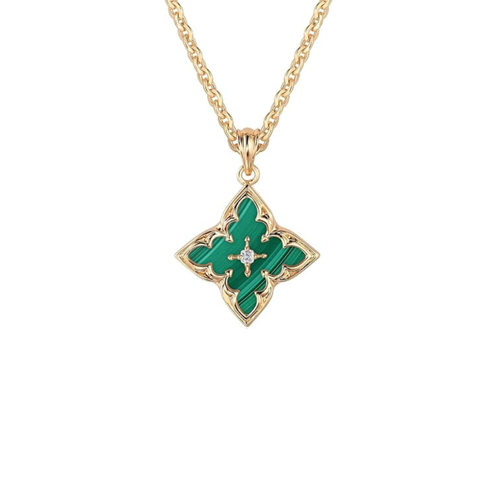 Clover Pendant Necklace with Emerald-Green Stone | Gold-Tone