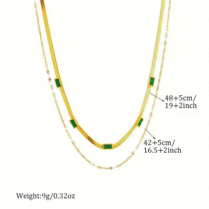 Sorella Two-Layer Retro Emerald Necklace with Gem | Gold-Tone