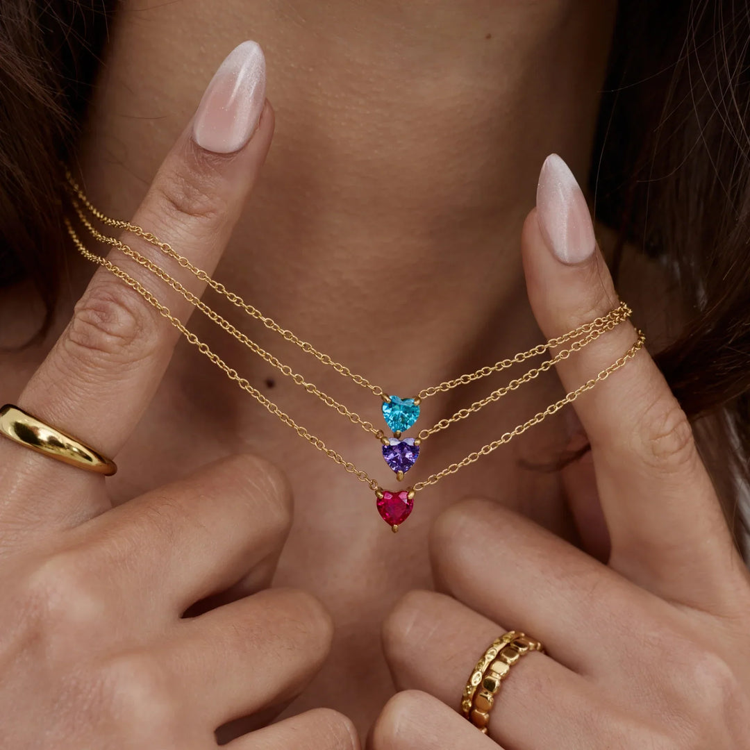 Heart Birthstone Necklace, close-up while worn