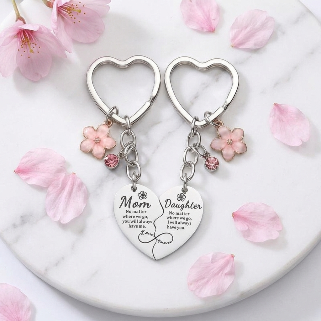 Mum and Daughter Matching Heart Keychain Set, close-up detail