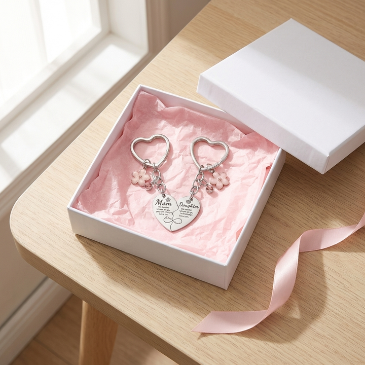 Mum and Daughter Matching Heart Keychain Set, held in the hand