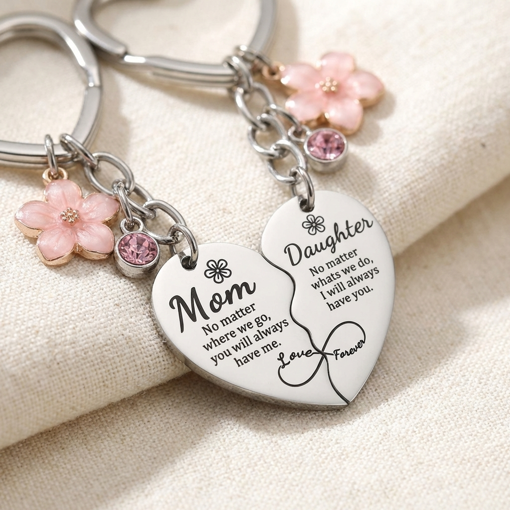 Mum and Daughter Matching Heart Keychain Set