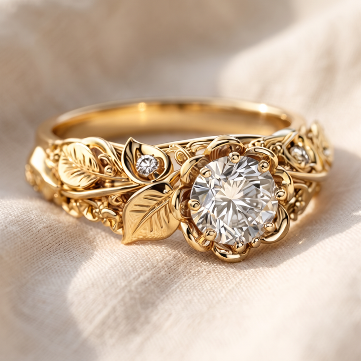 Gold-Tone Leaf Ring with Zirconia Crystals
