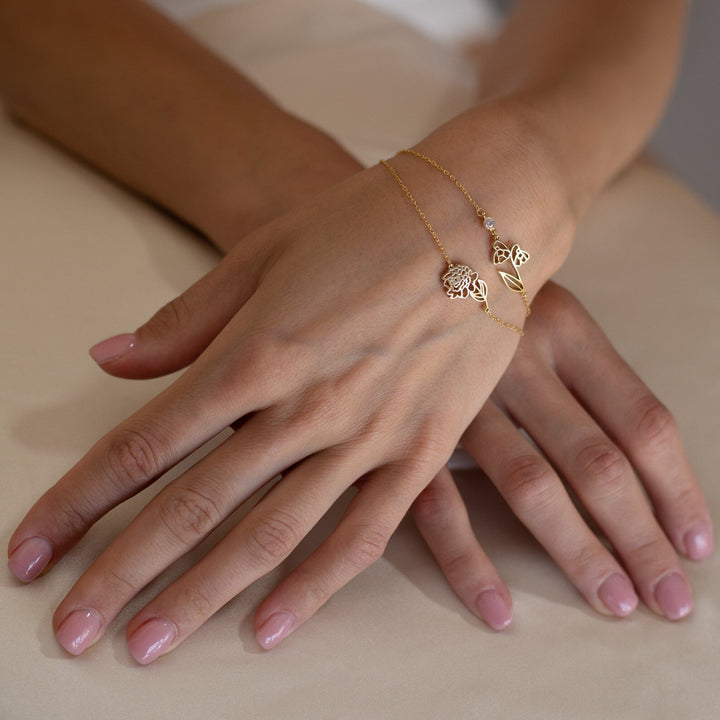 Fiona Birth Flower and Birthstone Bracelet, close-up on the wrist