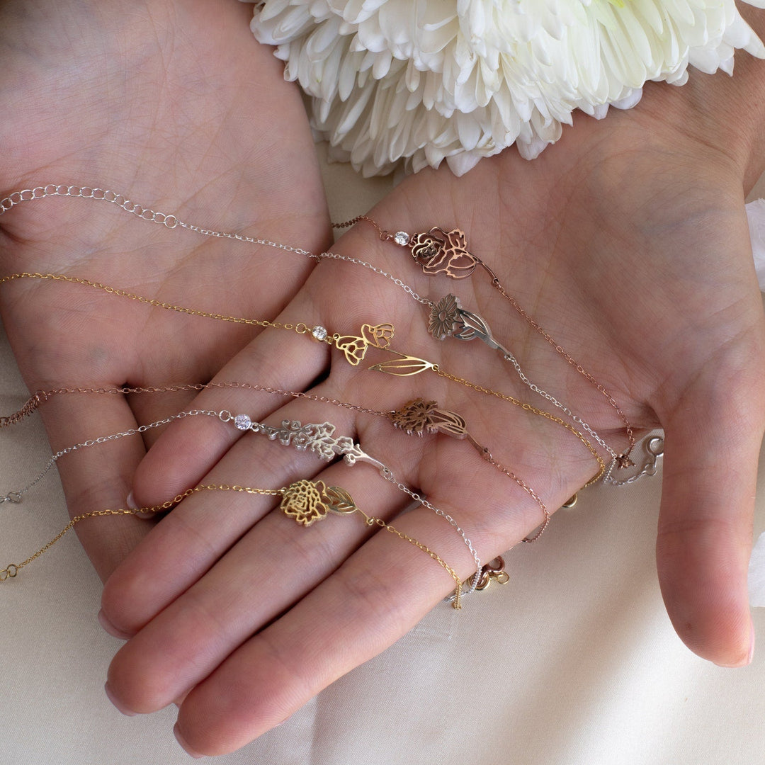 Fiona Birth Flower and Birthstone Bracelet, styled on the wrist