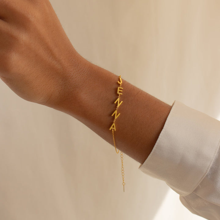 Golden Bond Name Bracelet, close-up on the wrist