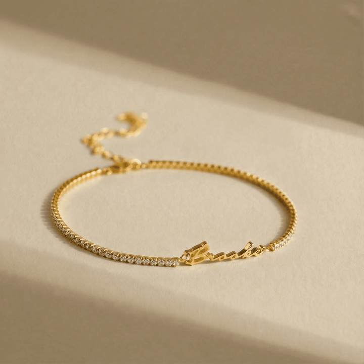 Zircone Personalised Name Bracelet, close-up on the wrist