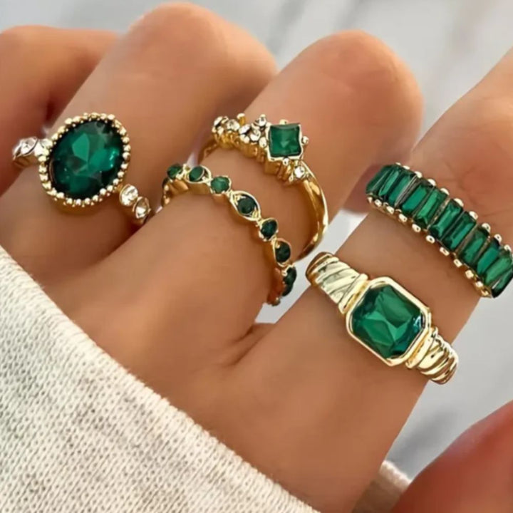 Zarina Exquisite Emerald Gold-Tone Ring Set