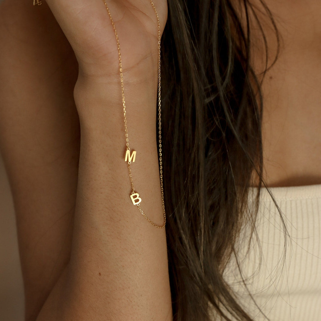 Side Initials Necklace, worn, side view