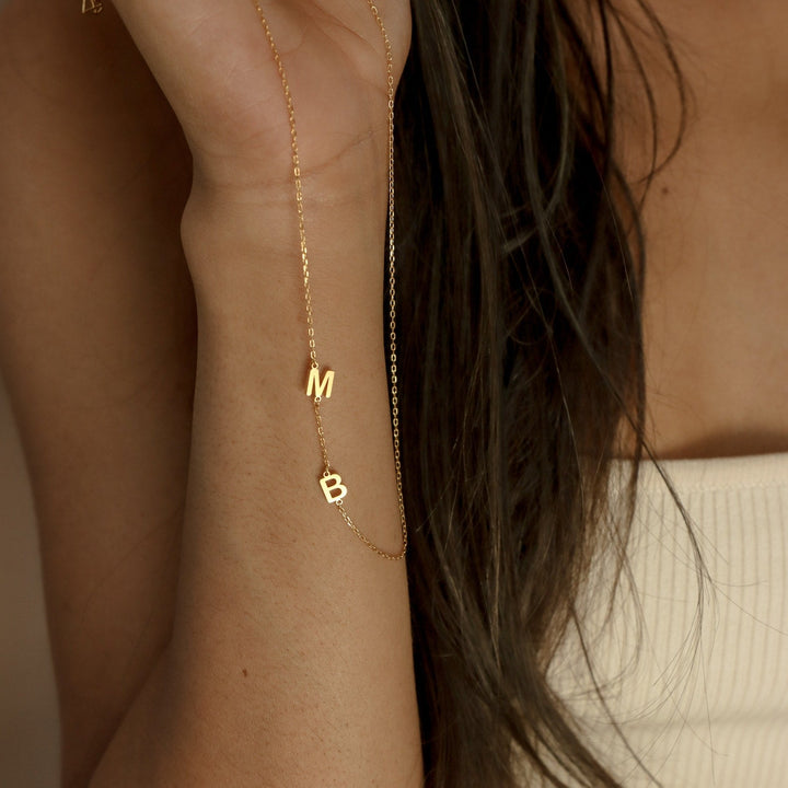 Side Initials Necklace, worn, side view