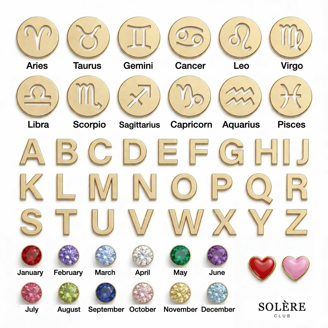 Charm guide with initials, birthstones, zodiac signs and symbols