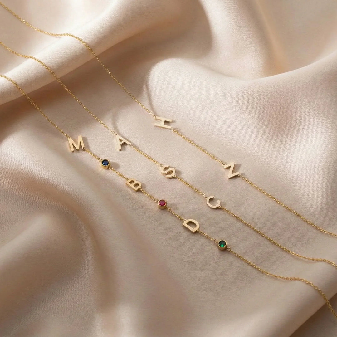 Birthstone and Initials Necklace, shown on the model 2