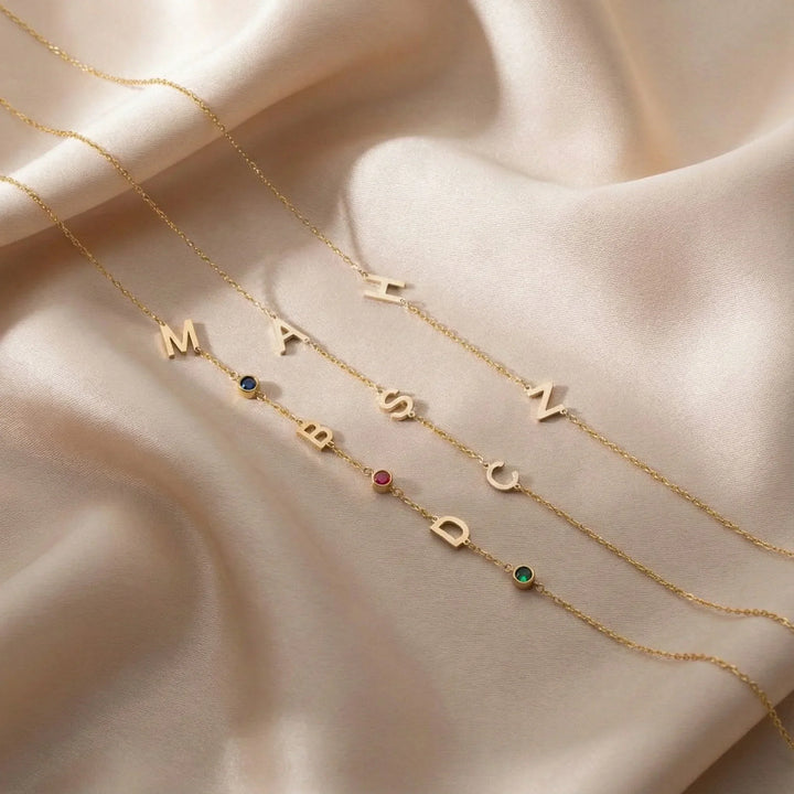 Birthstone and Initials Necklace, shown on the model 2