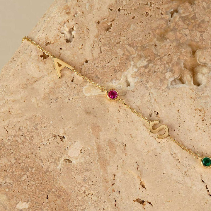 Olisa Double Initial and Birthstone Bracelet, styled on the wrist