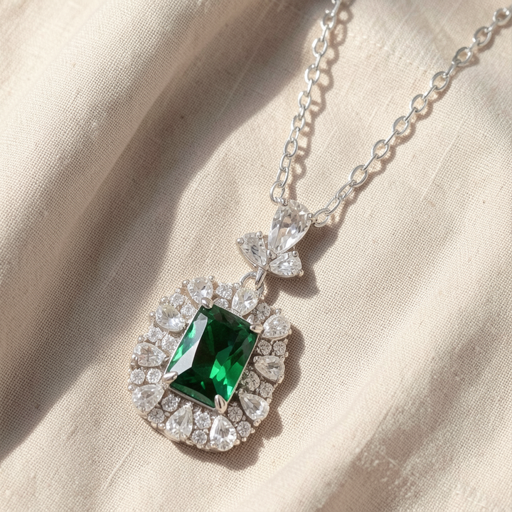 Royal Silver Emerald Crystal Halo Pendant Necklace